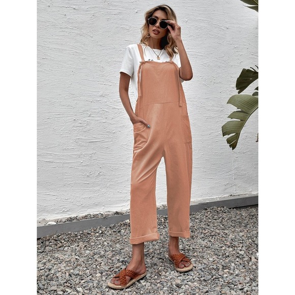 Suspender Style Overalls Wide Leg Jumpsuit with pockets boho olive green - Picture 8 of 11